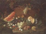 Still life of a watermelon,red and white grapes,figs,cherries,mushrooms,a melon,and a basket with vine-leaves,upon a ledge unknow artist